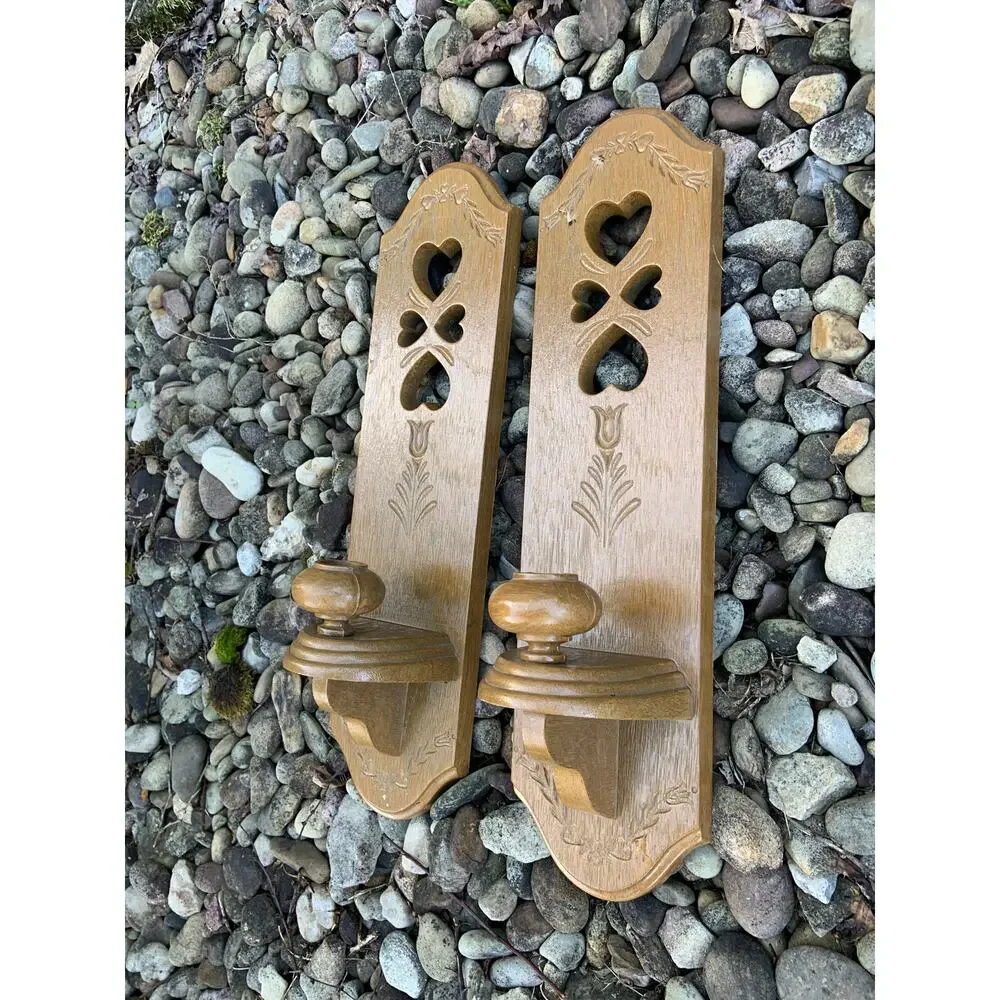 Vintage 1980s Burwood Heart Cutout & Tulip Flower Faux Wood Wall Sconces 15